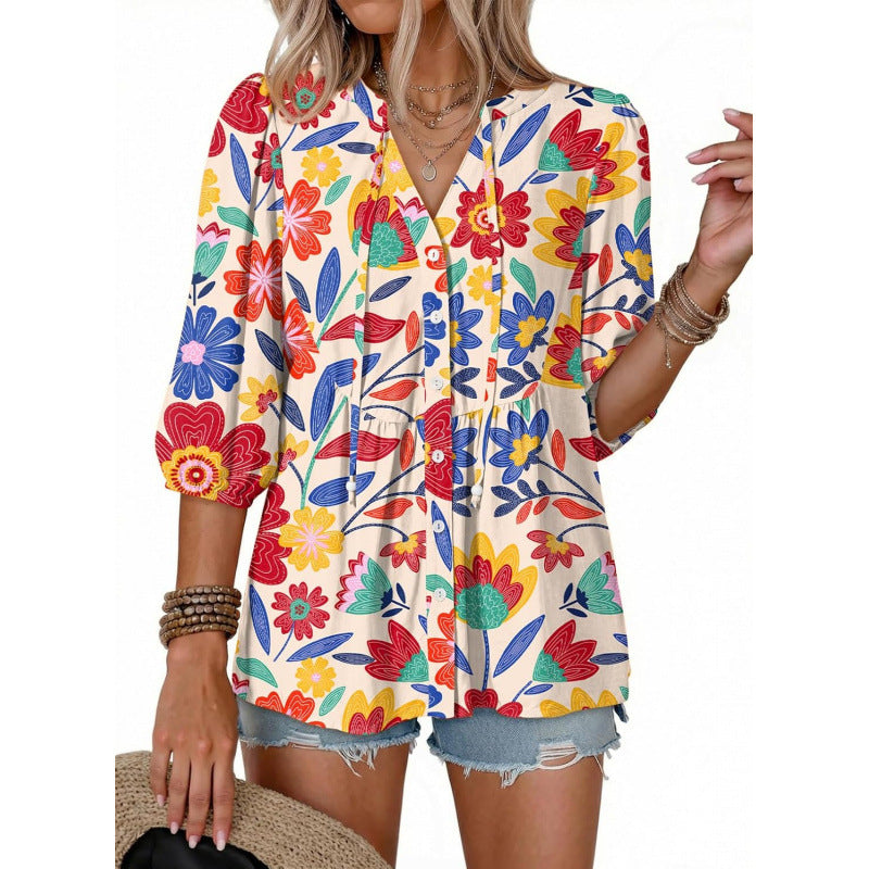 Boho Floral Button Down V Neck Blouses Shirts